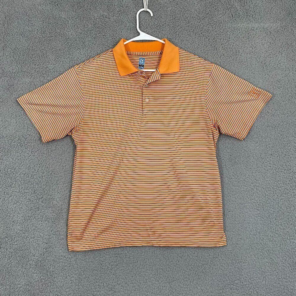 PGA Tour Polo Men M Orange White Striped Performance Golf‎ Short Sleeve Shirt